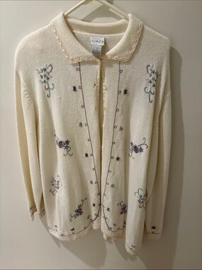 Koret Cream Knit Cardigan with Purple & Green Floral Embroidery